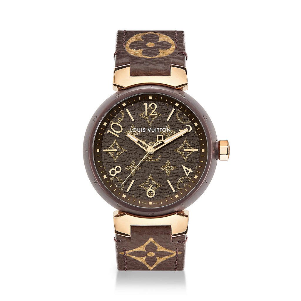 Louis Vuitton Tambour Monogram Watch Quartz Movement Canvas Strap 34mm Tan Dial 100m Water Resistant #98642