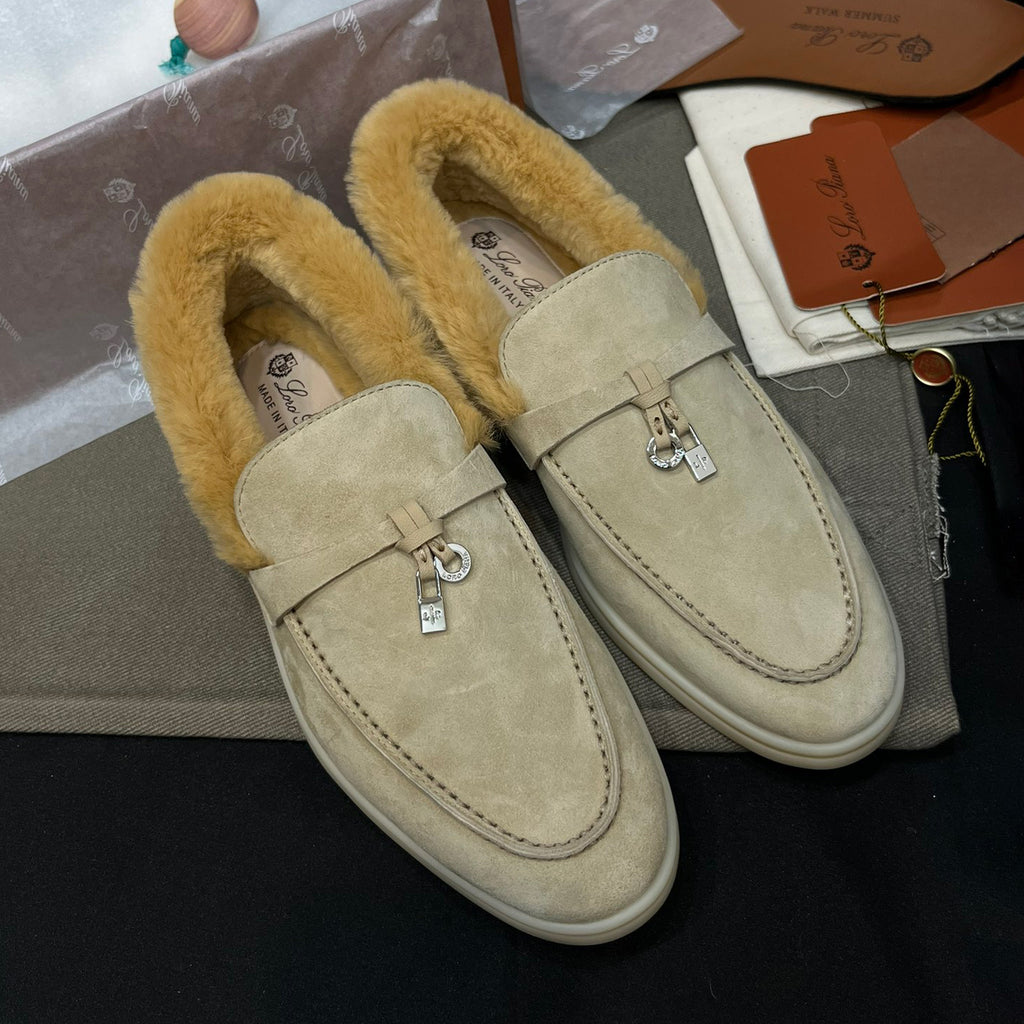 Loro Piana Women's Summer Charms Walk Moccasin Shoes Spring/Summer/Fall Solid-Color Beaver Fur Round-Toe Loafers Casual Shoes #81598