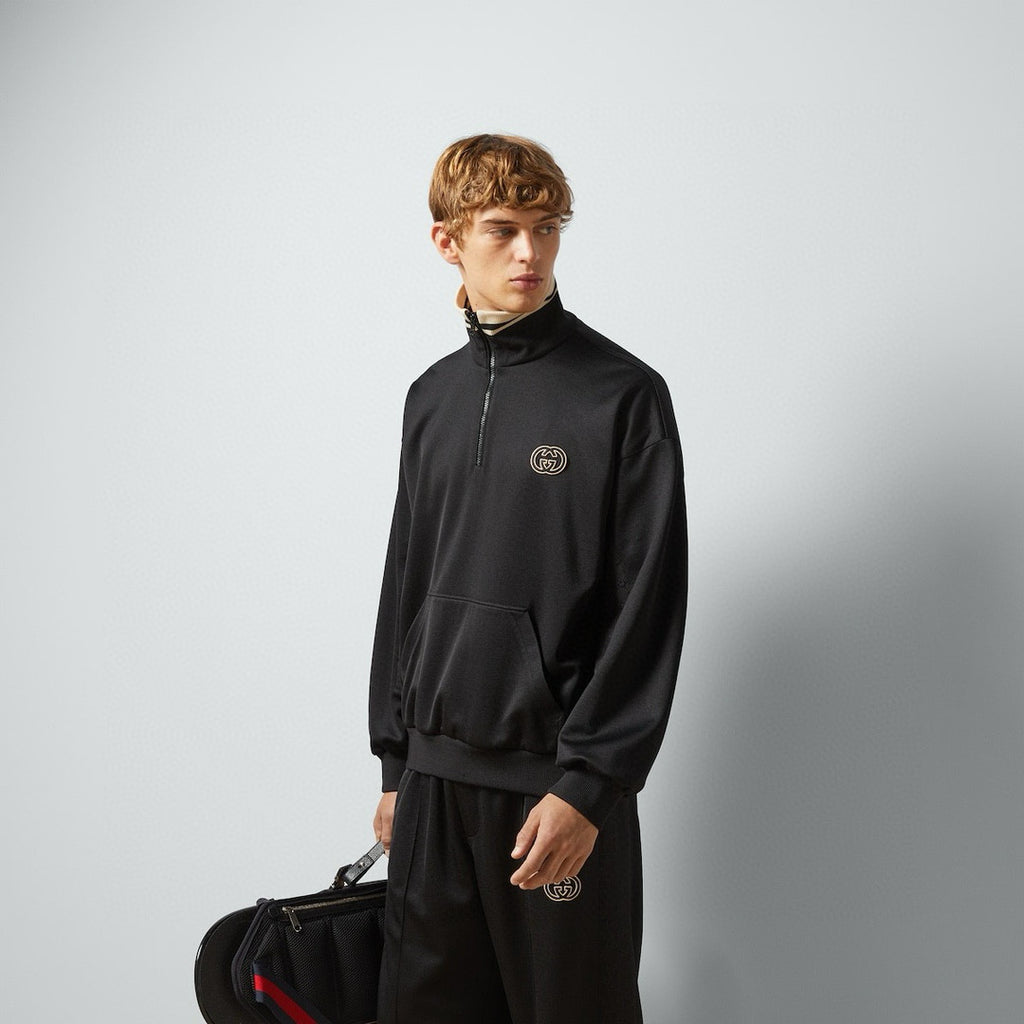 Gucci Men's Spring and Autumn Black Logo Embroidery Zipper Standing Collar Long Sleeve Jacket Elastic Knit Sweatpants Pants Suit Set #98786