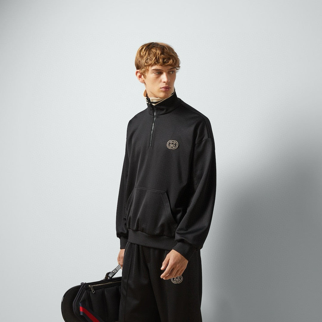 Gucci Men's Spring and Autumn Black Logo Embroidery Zipper Standing Collar Long Sleeve Jacket Elastic Knit Sweatpants Pants Suit Set #98786