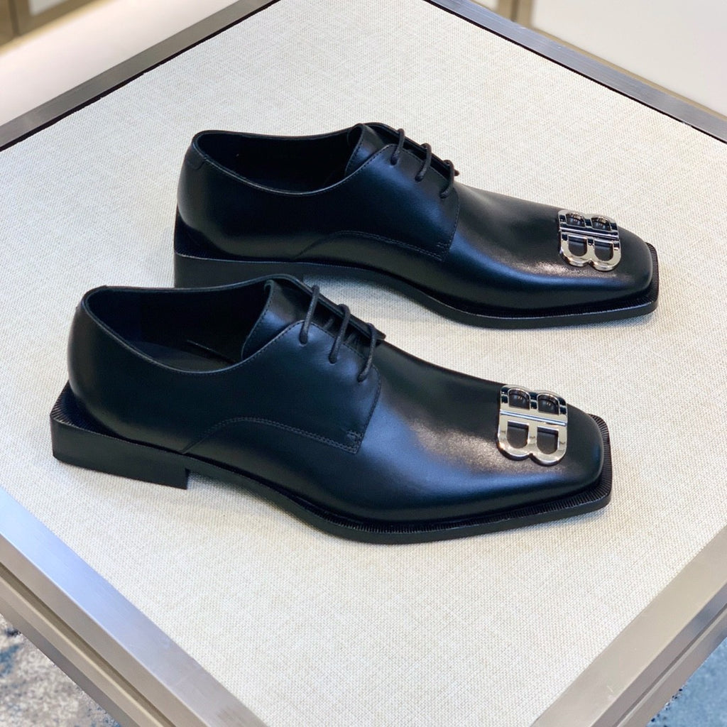 Balenciaga Men's Solid Colour Square Toe Metal BB Logo Cowhide Leather Shoes #77218