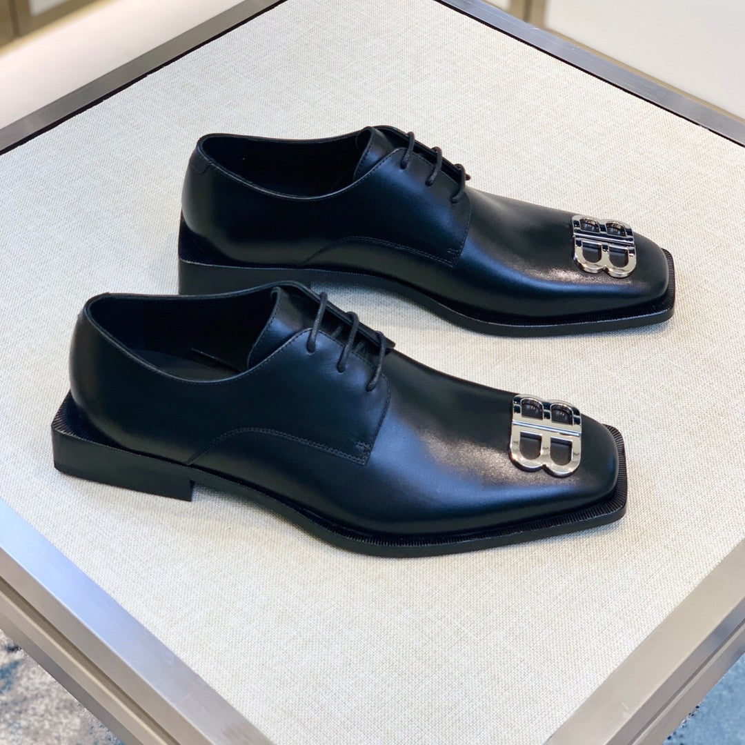Balenciaga Men's Solid Colour Square Toe Metal BB Logo Cowhide Leather Shoes #77218
