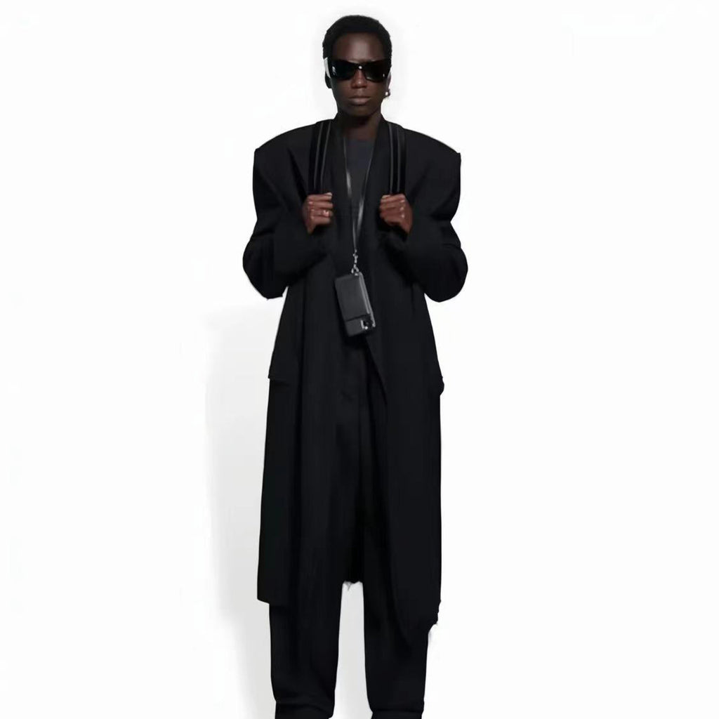 Balenciaga Men's Women's Spring And Autumn Doing Old Shoulder Pads Destroyed Loose Long Black Coat Jacket #7814