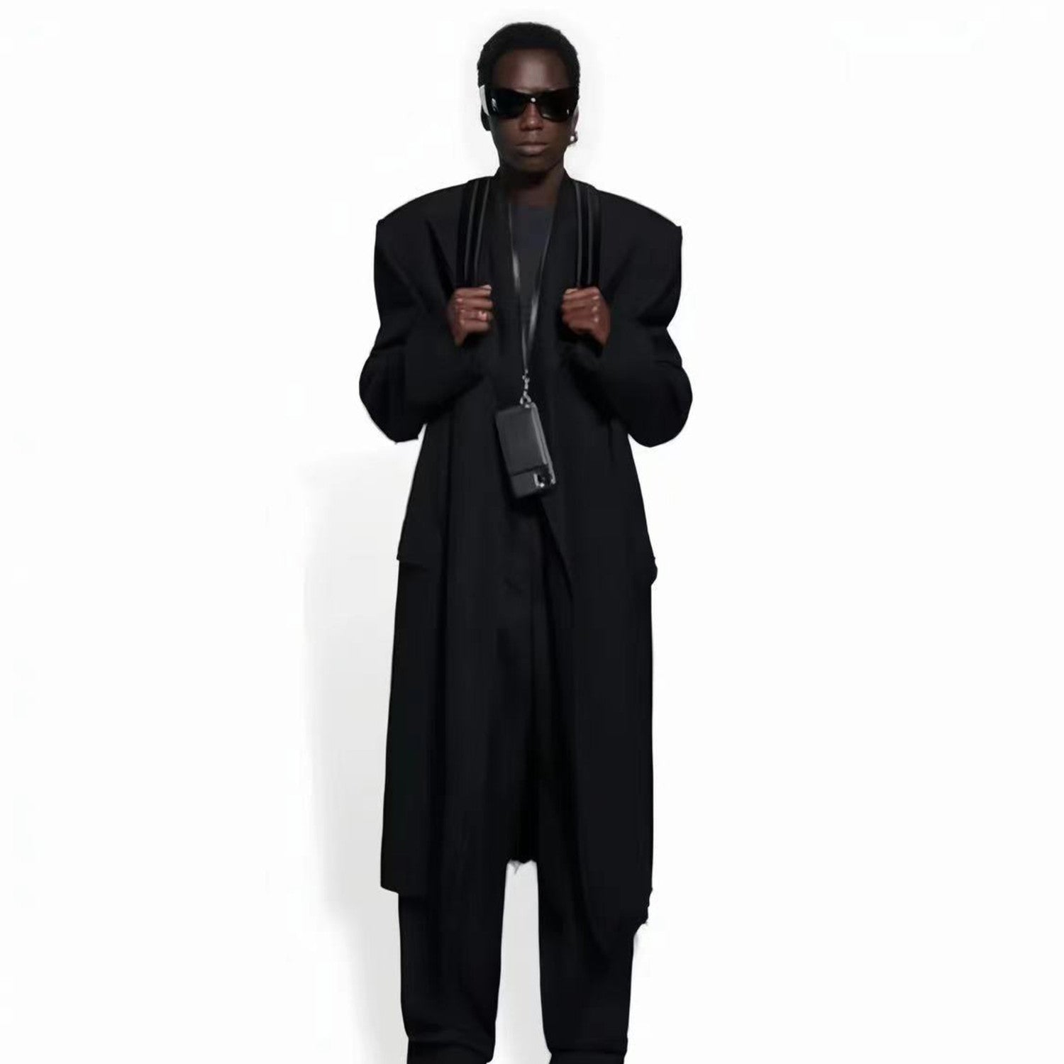 Balenciaga Men's Women's Spring And Autumn Doing Old Shoulder Pads Destroyed Loose Long Black Coat Jacket #7814