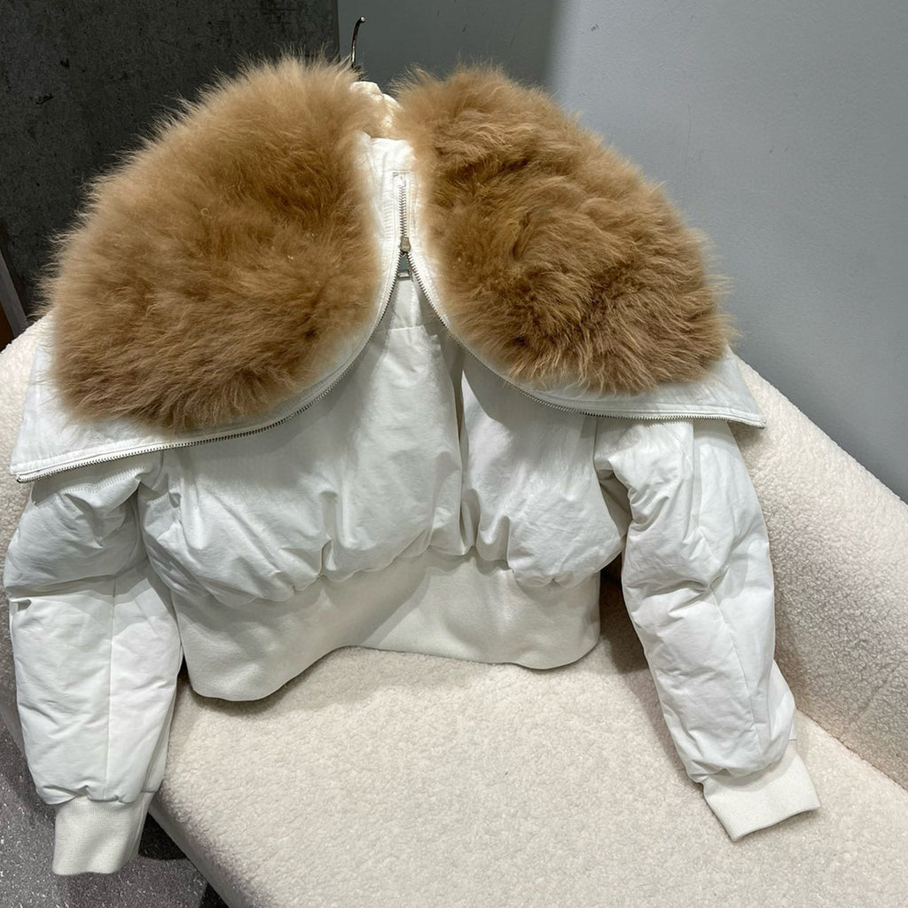 Moncler x Rick Owens Men's Women's Autumn And Winter Large Fur Collar Removable Trend High Street White Down Jacket Zip Hooded Jacket Ngvp #9794