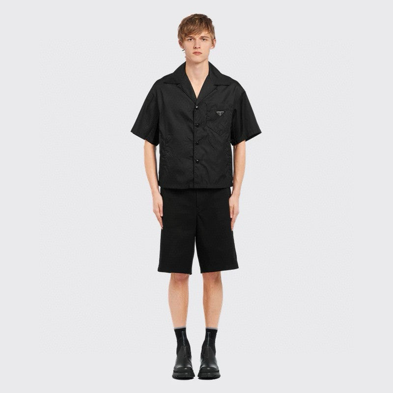 Prada Men's Summer Solid Color Nylon Fabric V-neck Single Button Short Sleeved Shirt And Casual Nylon Shorts Set Suit #77911