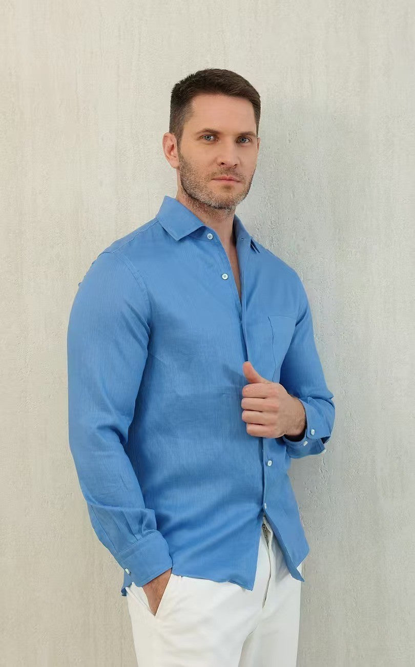 Loro Piana Men's Spring And Summer Solid Color André Shirt Lapel Single-breasted Linen Shirt Ngvp #7962