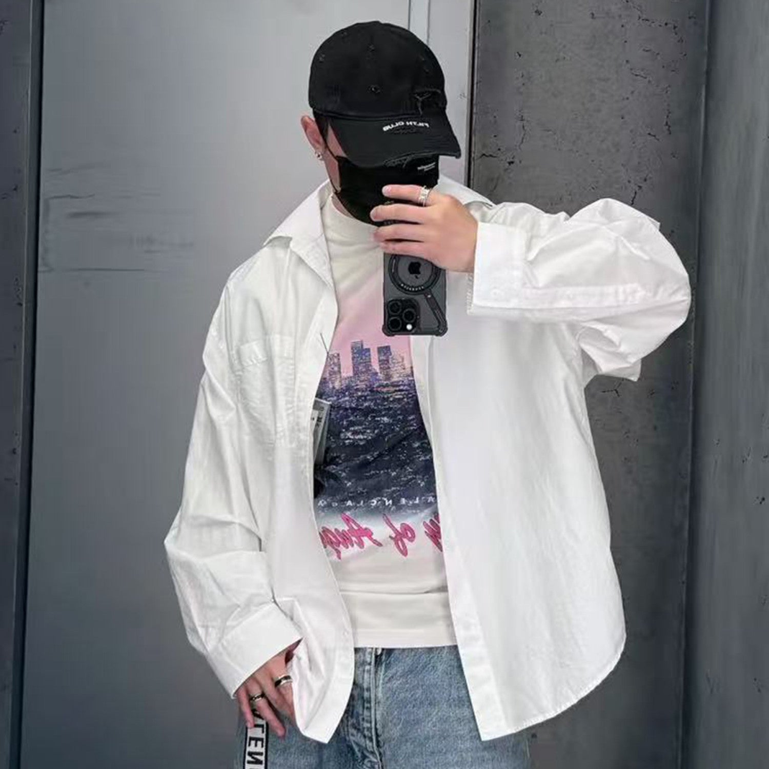 Balenciaga Men's Layered Shirt In White Spring And Fall High Street Trend Non-removable Two-piece Printed Graphic T-shirt Fashion Casual Shirt Ngvp #2422