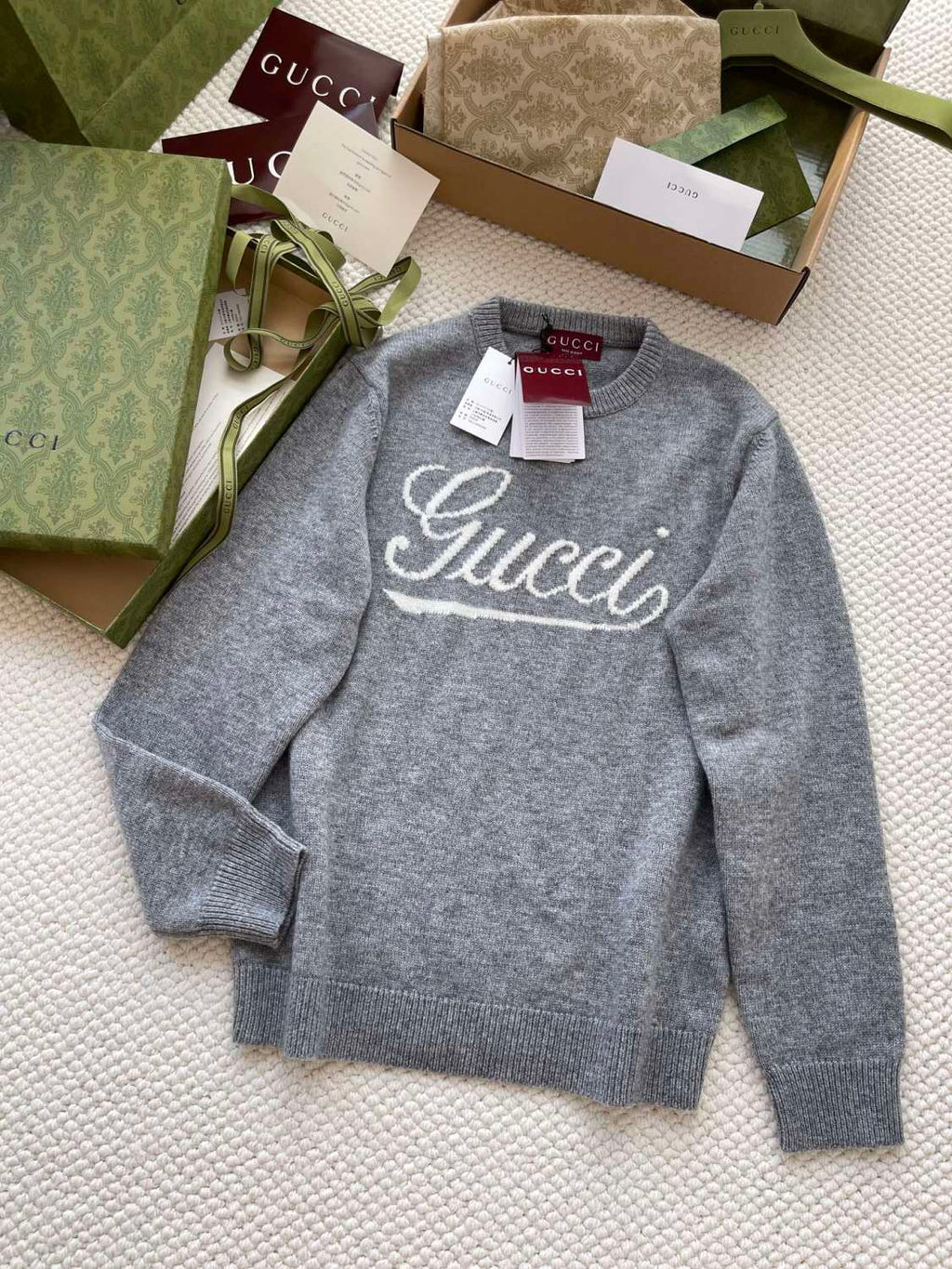 Gucci Men's Autumn and Winter Gray Logo Letter Applique Crew Neck Pullover Wool Long Sleeve Sweater #286788
