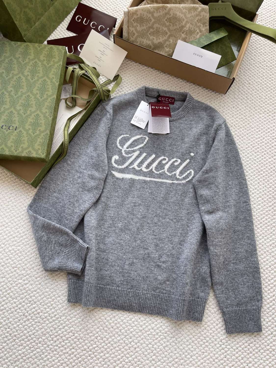 Gucci Men's Autumn and Winter Gray Logo Letter Applique Crew Neck Pullover Wool Long Sleeve Sweater #286788