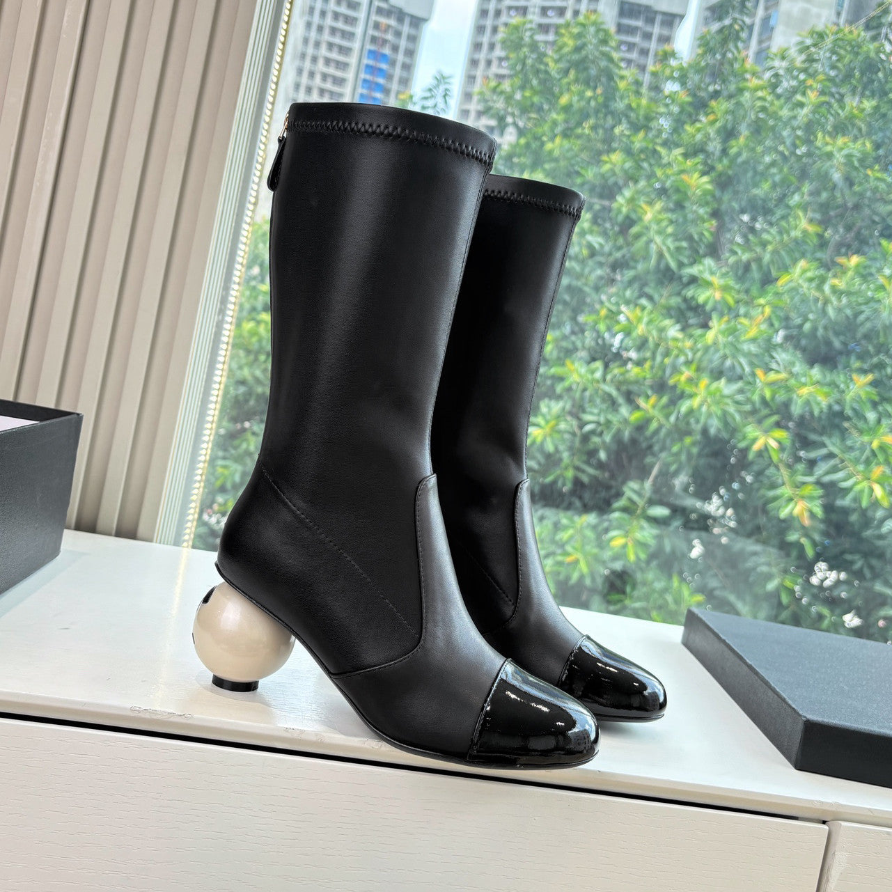 Chanel Women's Fall/winter Fashion Classic Round Toe Sheepskin Double C Oversized Pearl Heel Stretch Mid Calf Boots Long Boots Shoes #78546