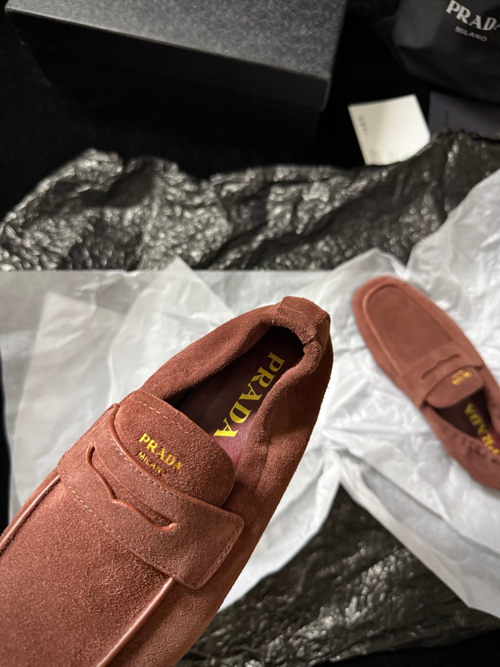Prada Women's Solid Color Round Toe Slip-On Shiny Oiled Leather and Suede Casual Loafers Shoes #77758