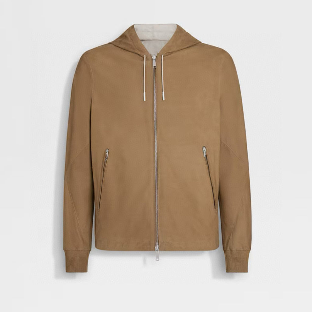 Ermenegildo Zegna Men's Spring And Autumn Reversible Leather Coat Zip Hooded Jacket Pure Colour Temperament Comfortable Leather Jacket Ngvp #1592