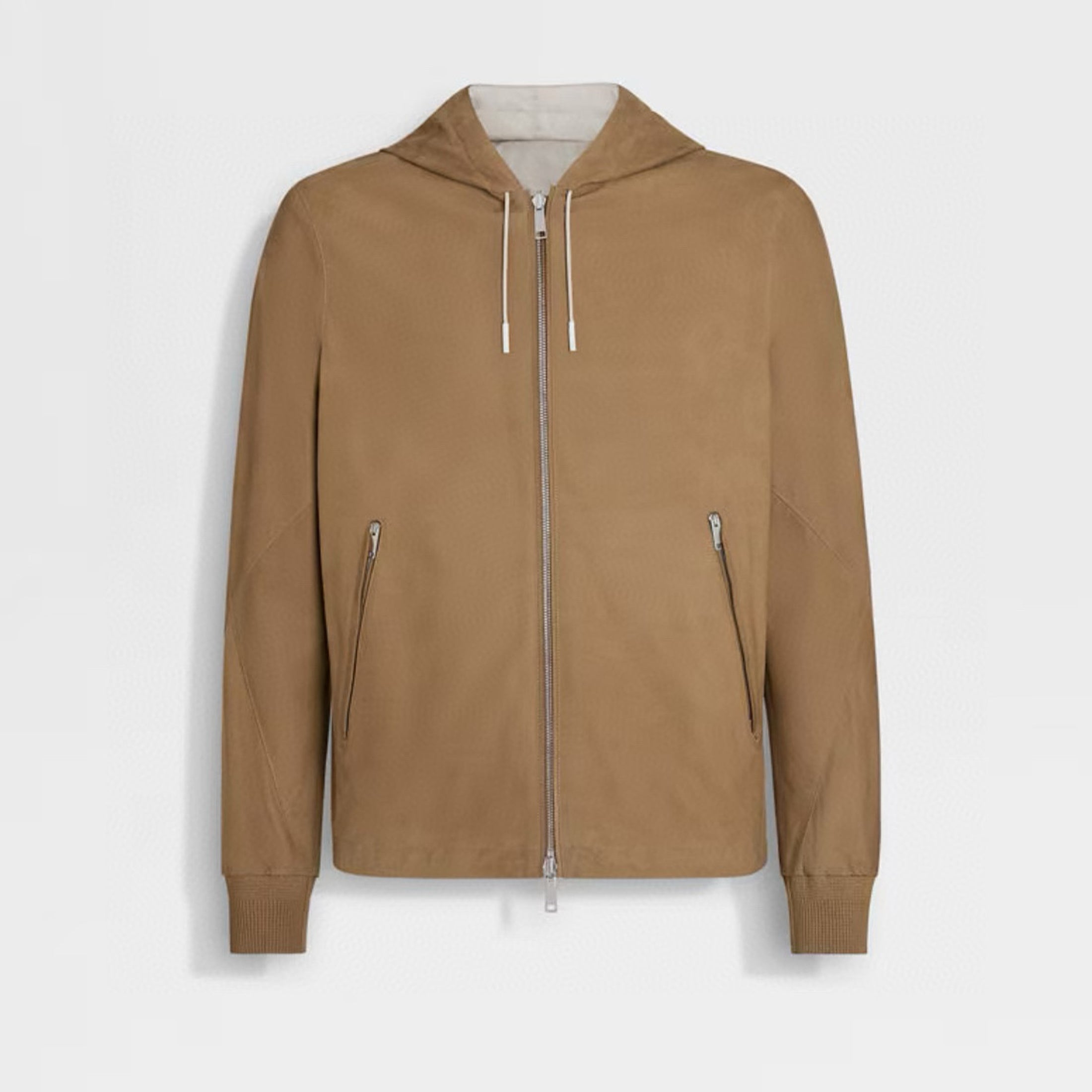 Ermenegildo Zegna Men's Spring And Autumn Reversible Leather Coat Zip Hooded Jacket Pure Colour Temperament Comfortable Leather Jacket Ngvp #1592