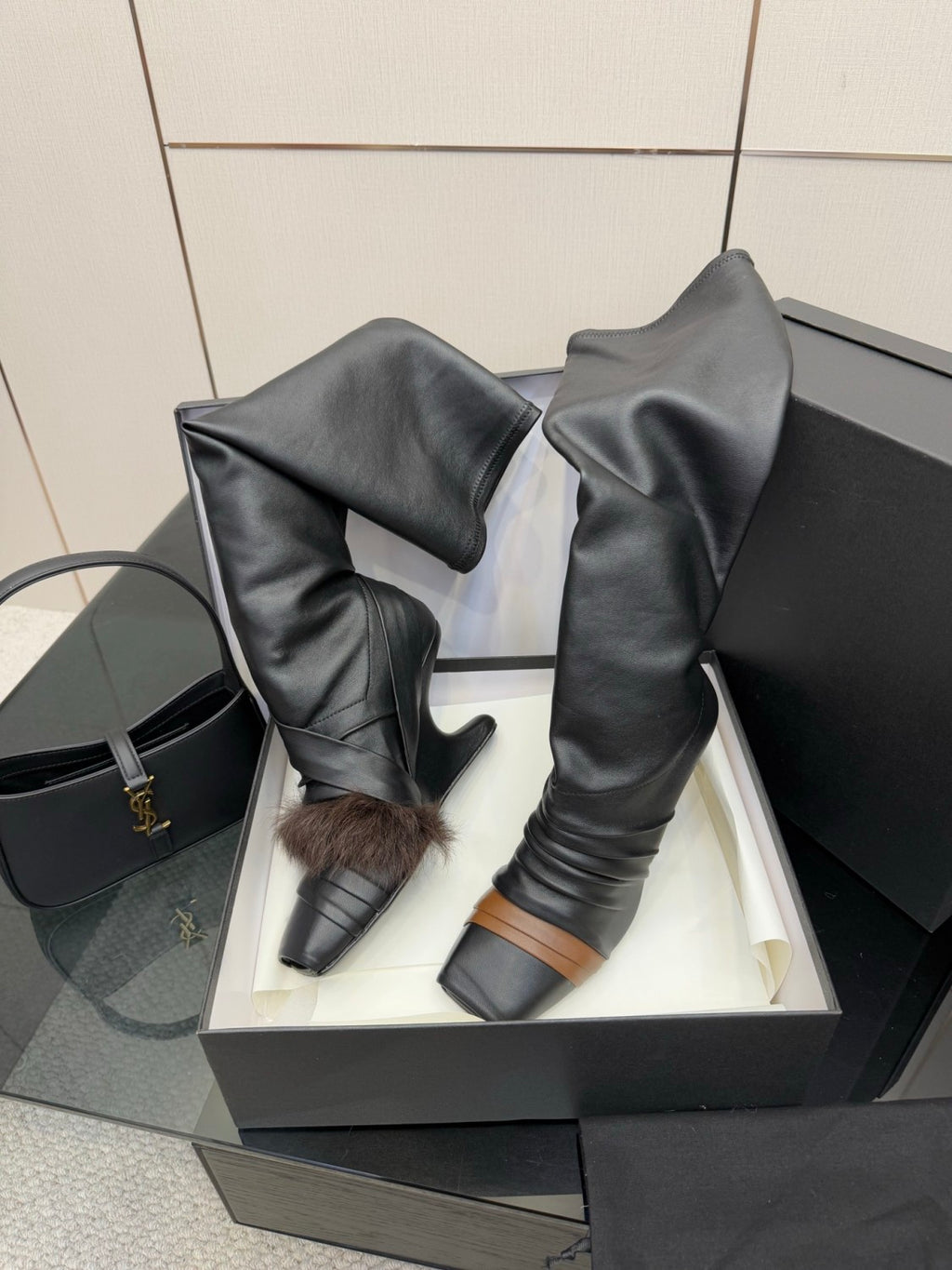 Rick Owens Women's Fall/Winter Fashion Classic Leather Booties Cowhide and Sheepskin Blend in Brown Lambskin Fishmouth Square Toe Design Fur Trimmed Panels Long Boots Shoes #79497
