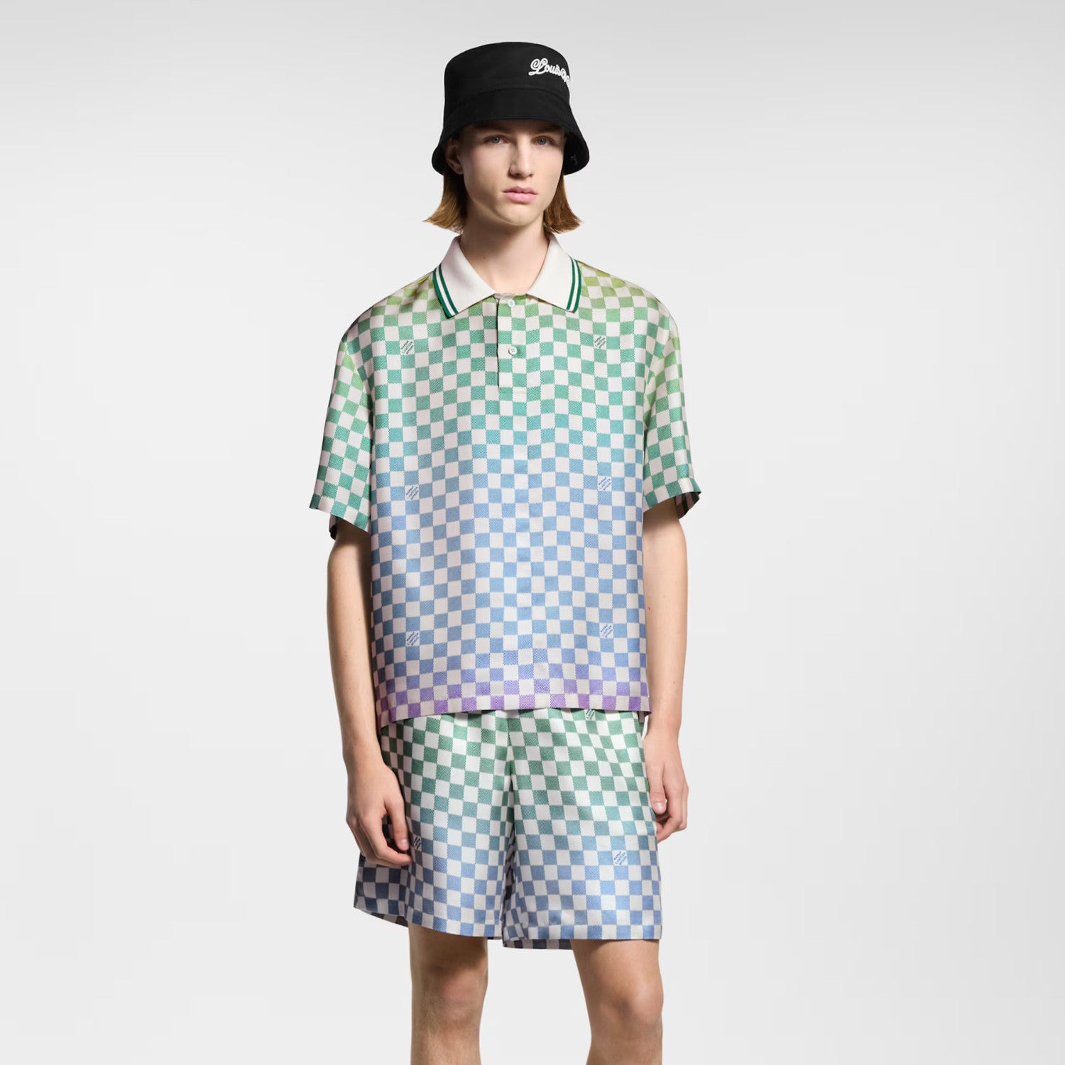 Louis Vuitton Men's Spring/Summer Damier Gradient Printed Mulberry Silk Short Sleeve Polo Shirt Casual Elastic Waist Shorts #81171
