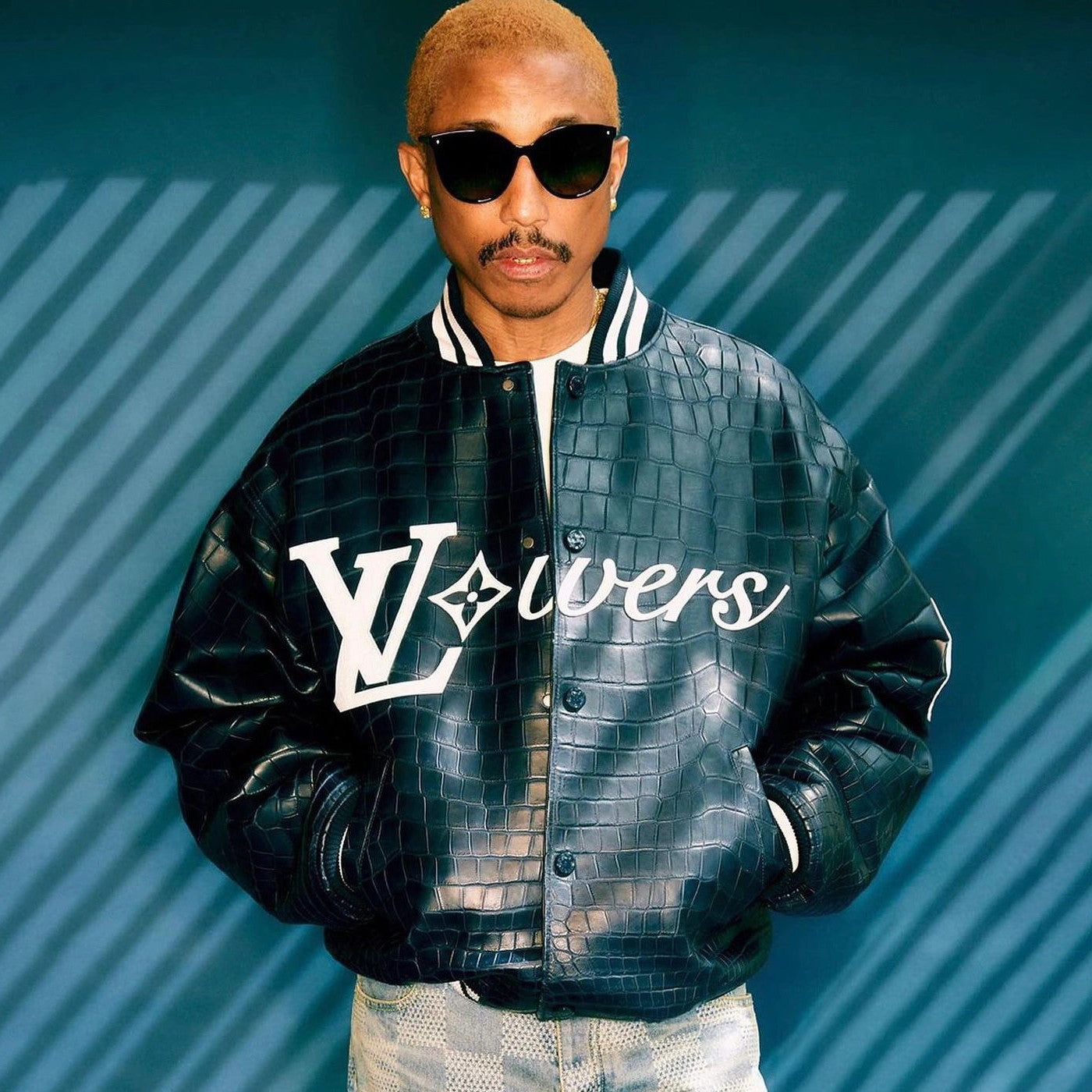 Louis Vuitton Men's Fall And Winter Navy Blue Lambskin Embossed Crocodile Leather Pattern Zipper Baseball Jacket #98618