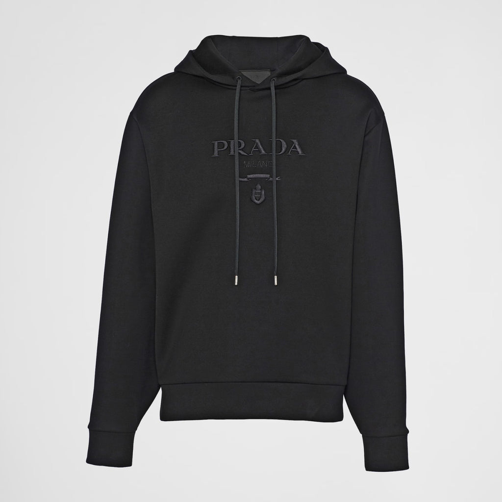 Prada Men's Autumn/Winter Black and White Embroidered Logo Drawstring Cotton Hooded Sweatshirt Pullover #97749