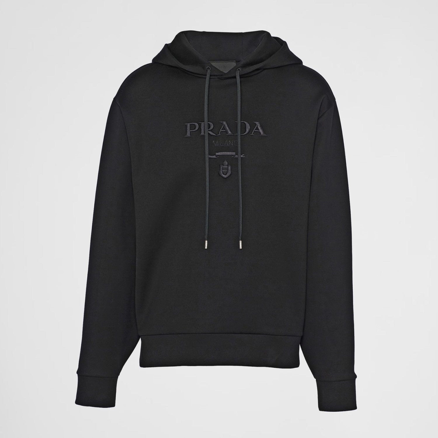 Prada Men's Autumn/Winter Black and White Embroidered Logo Drawstring Cotton Hooded Sweatshirt Pullover #97749
