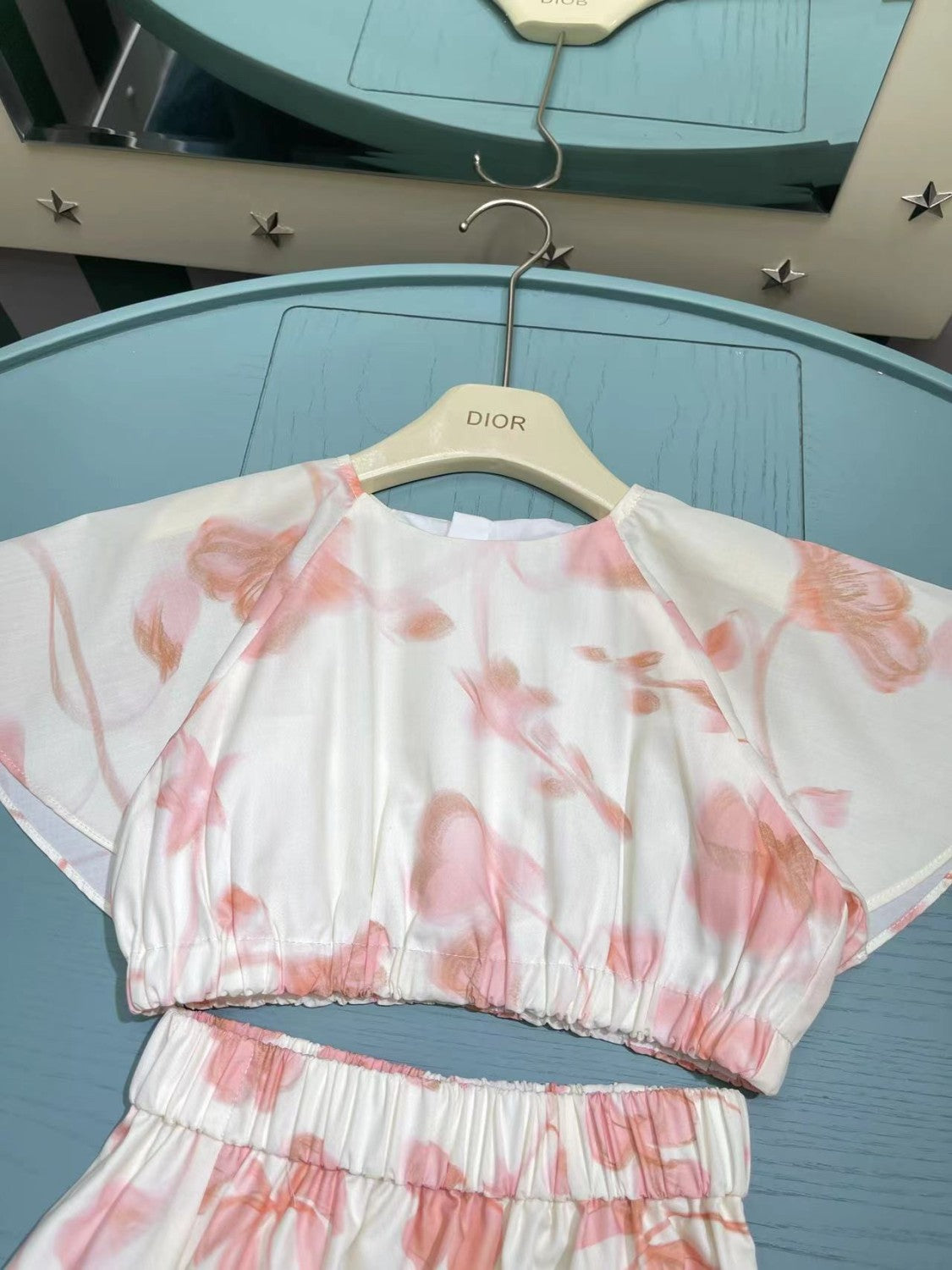 Dior Kid's Summer Floral Print Short Chiffon Top Casual Long Half-body Skirt Set #31315