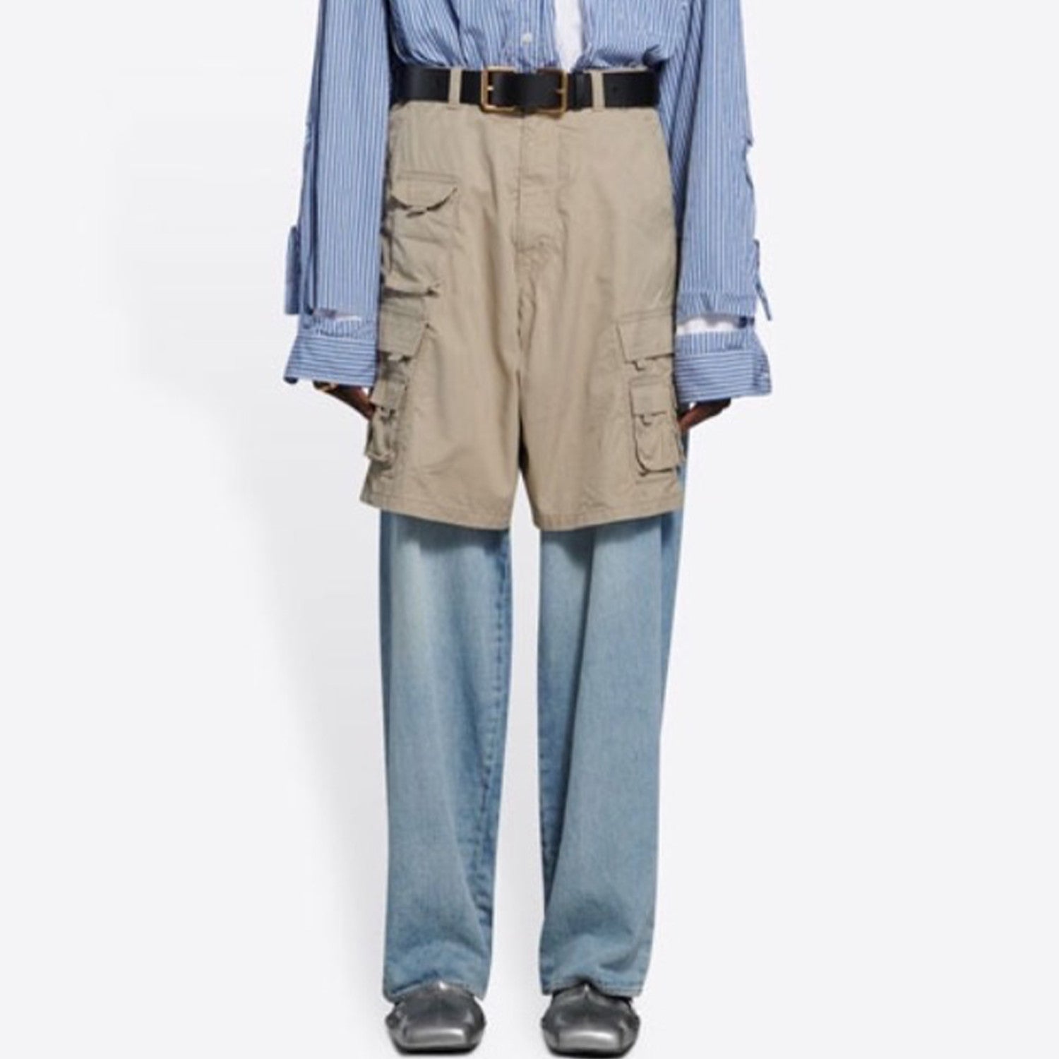 Balenciaga Men's Blue Spring & Fall Multi-Pocket Workwear Patchwork Fake Two Piece Straight Leg Denim Pants Ngvp #7786