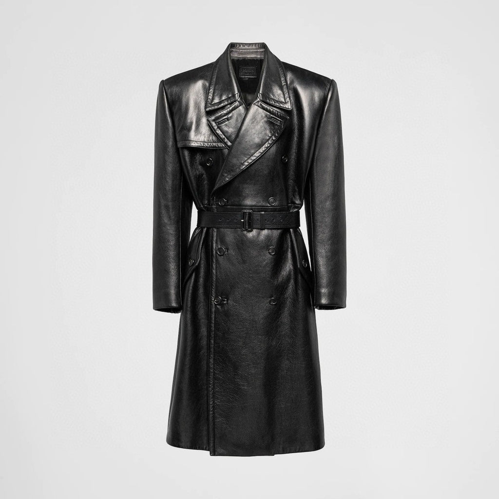 Prada Men's Fall And Winter Fashion Double-Breasted Strap Waist Long Casual Black Long-Sleeved Cowhide Trench Coat Jacket #9297