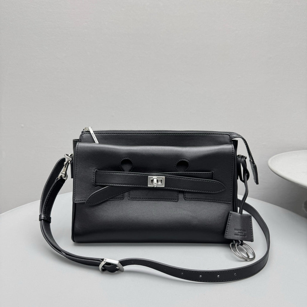Balenciaga Bel Air Men's Solid Color Distressed Silver Metal Accessory Cowhide Messenger Bag Shoulder Bags #77339