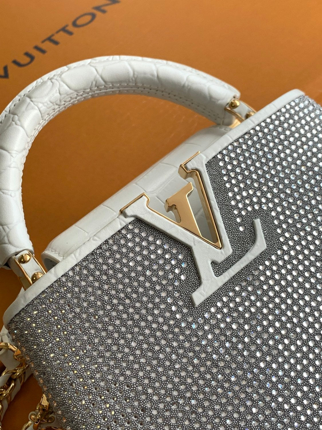 Louis Vuitton Women's Fashion Classic Crocodile Patterned Handbag With Hand Embedded Diamond Logo Letter Badge Dual-strap Tote Crossbody Bag Shoulder White Bag Bags #79287