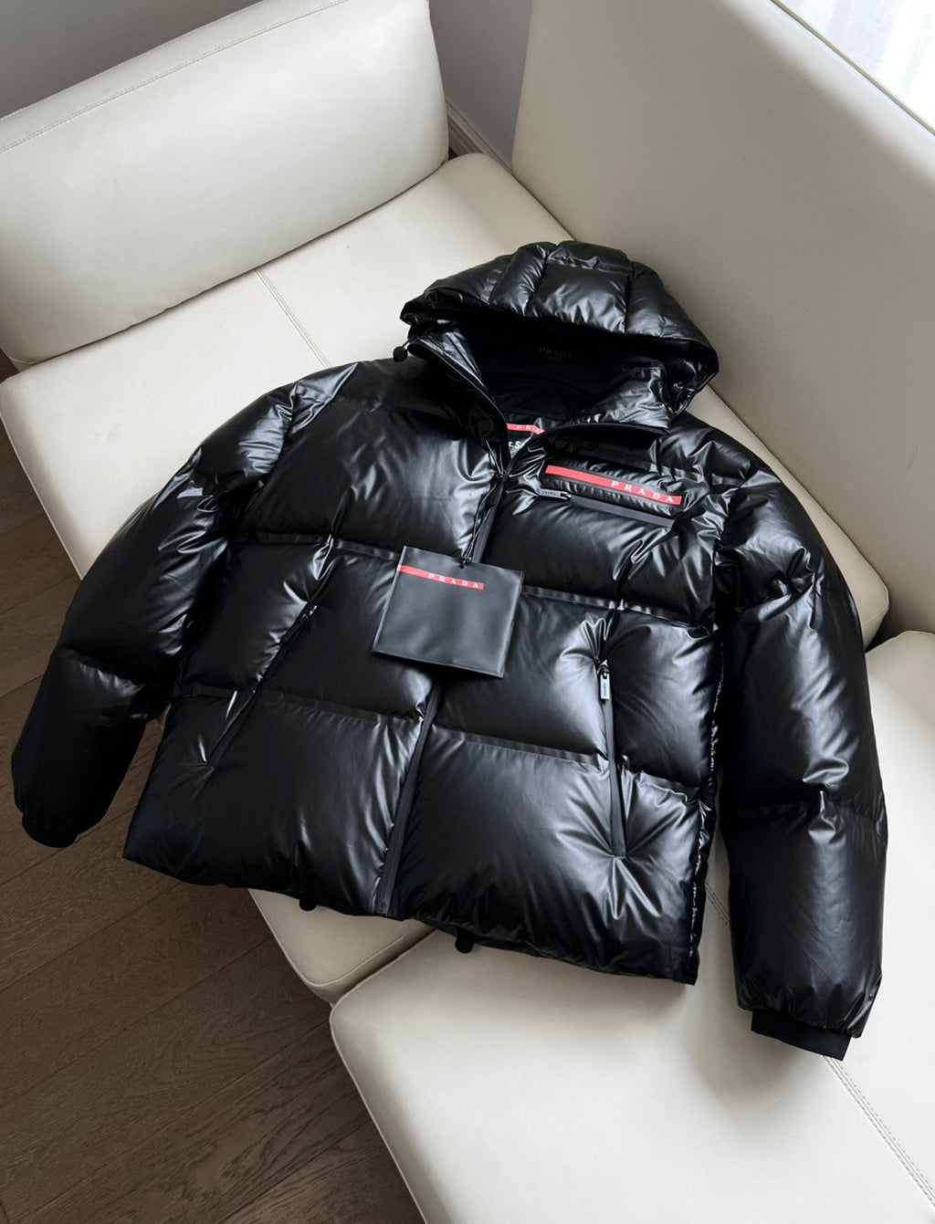 Prada Light Nylon Hooded Puffer Jacket Zip Down Coat #96333