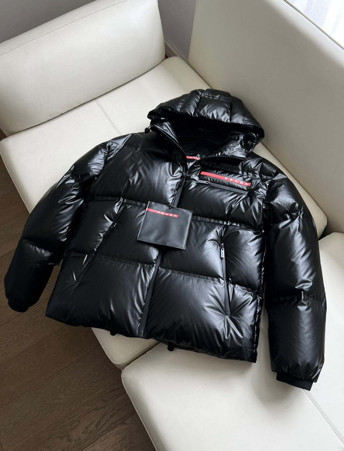 Prada Light Nylon Hooded Puffer Jacket Zip Down Coat #96333