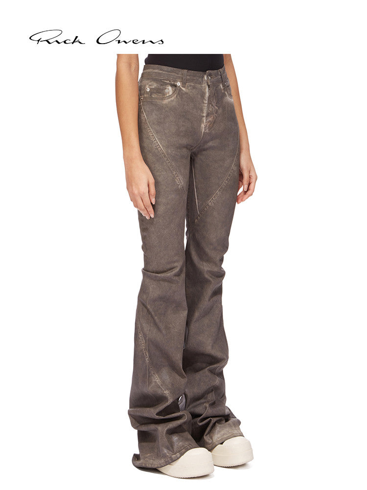 Rick Owens Men's Spring And Fall Do Old Desert Color Washed Flare Wide-leg Denim Pants Skinny Stacked Drag Ground Pleated Cat Whiskers Waste Soil Jeans Ngvp #2415