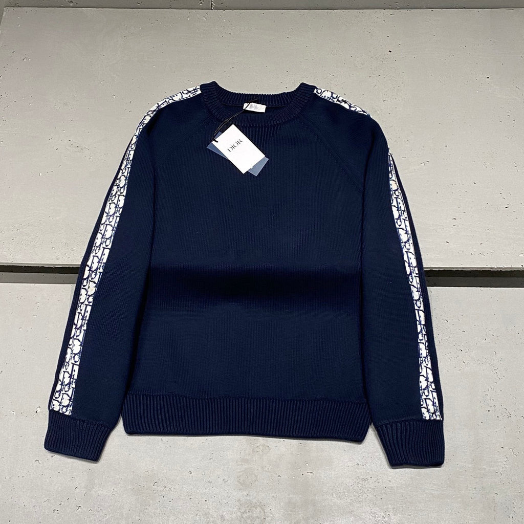 Dior Men's and Women's Fall/Winter Crewneck Pullover Oblique Print Patchwork Floral Weave Ribbed Knit Pullover Sweater #79479