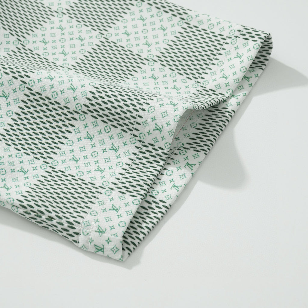 Louis Vuitton Men's Green Checkerboard Graphic Crew Neck Cotton Short Sleeve T-Shirt #99471