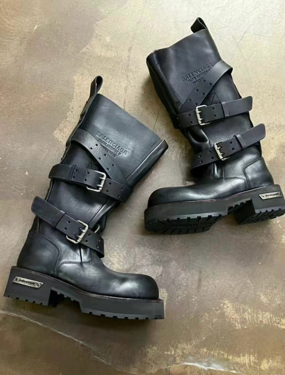 Balenciaga VENOM Men's  Fall/Winter Fashion Solid Color Round Toe Slip On Leather Buckle Fastened Knee High Boots Shoes #78771