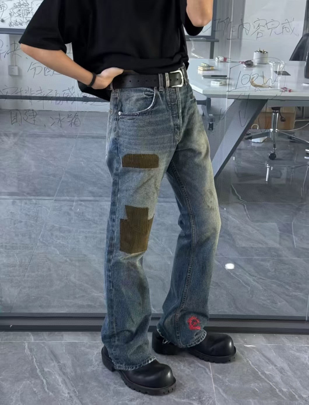 Enfants Riches Deprimes Men's & Women's Four-Season Distressed Patchwork Embroidered Mid-Rise Flared Jeans Casual Solid-Color Denim Pants Ngvp #2715