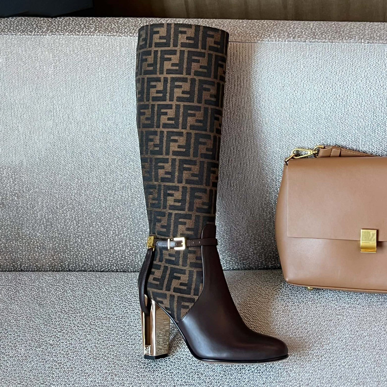 Fendi Women's Fall/Winter Fashion Classic Round Toe Leather FF Jacquard Fabric High Heel Knee High Boots Shoes #79223