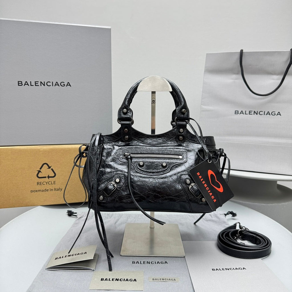 Balenciaga LE CITY Women's Fashion Classic Solid Color Fine Grain Lambskin Small Bowling Bag Handbag Crossbody Bag  Bags 8352562AB1G1000 #78616