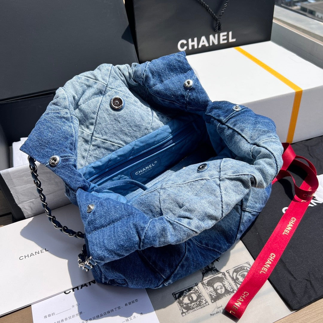 Chanel Women's Small Checkered Large Capacity Chain Denim Shoulder Bag Washed Denim Blue Medium Tote Bag Bags AS3260-B10439-NM981 #81555