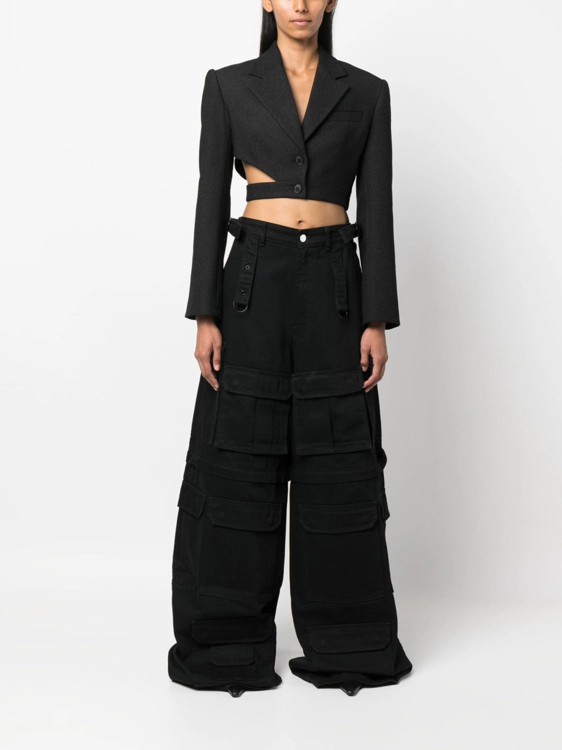 Vetements Men's Women's Four Seasons Solid Color Thickened Multi-Pocket Work Pants Loose Wide Leg Casual Denim Pants Ngvp #8669