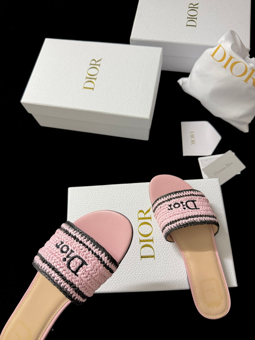 DIOR Dioriviera Dior Woven Slide Soupir Pink Crocheted Raffia-Effect Technical Fabric #387794