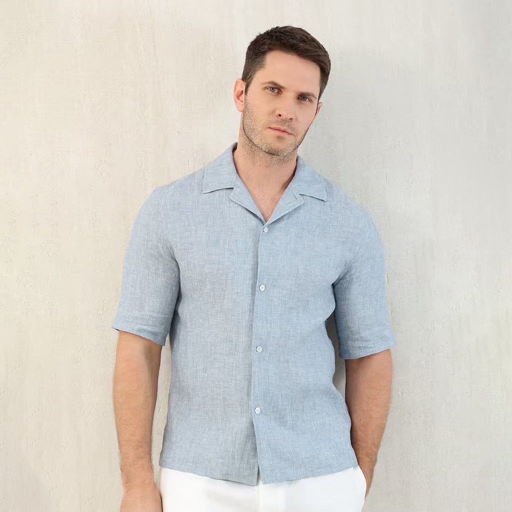 Brunello Cucinelli Men's Linen Loose Summer Single-Breasted Solid Color Lapel Short Sleeve Shirt Ngvp #1454