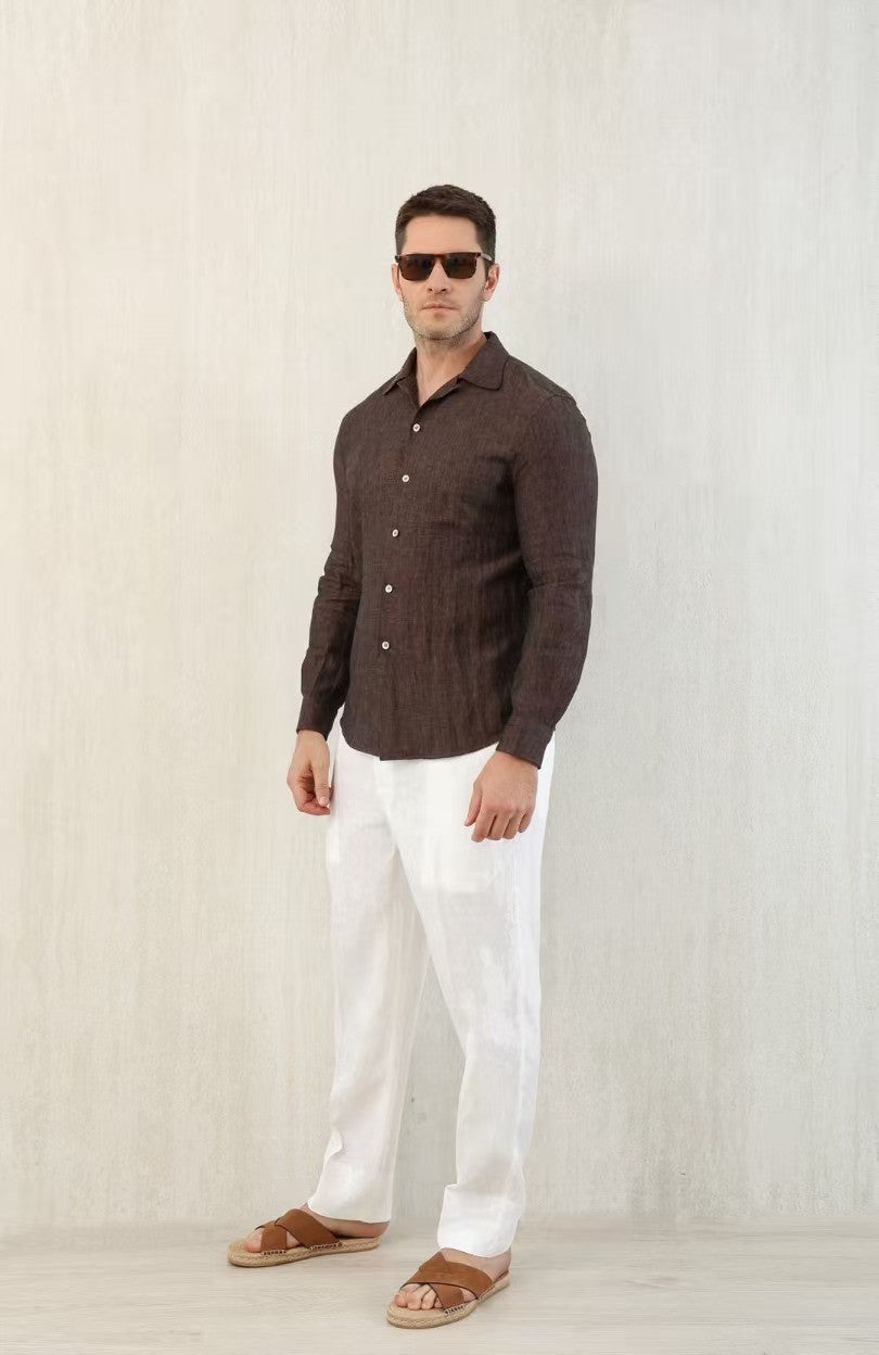 Brunello Cucinelli Men's Linen Easy Fit Shirt with Camp Collar and Chest Pocket Spring And Autumn Solid Color Long Sleeve Top Ngvp #1455