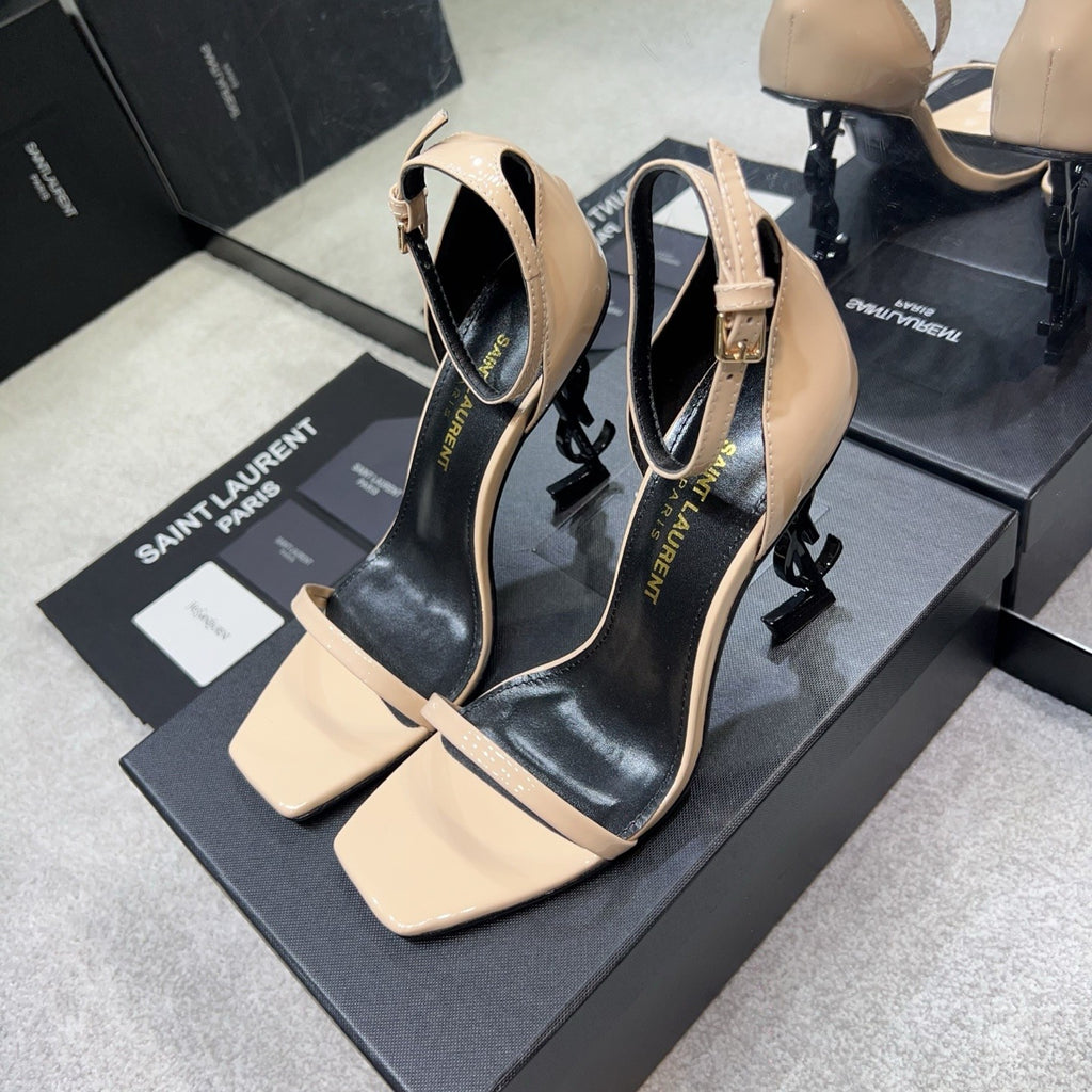 Saint Laurent OPYUM Women's Spring/Fall Fashion Classic Solid Color Leather Buckle YSL Monogram Heeled Sandals Shoes #79185