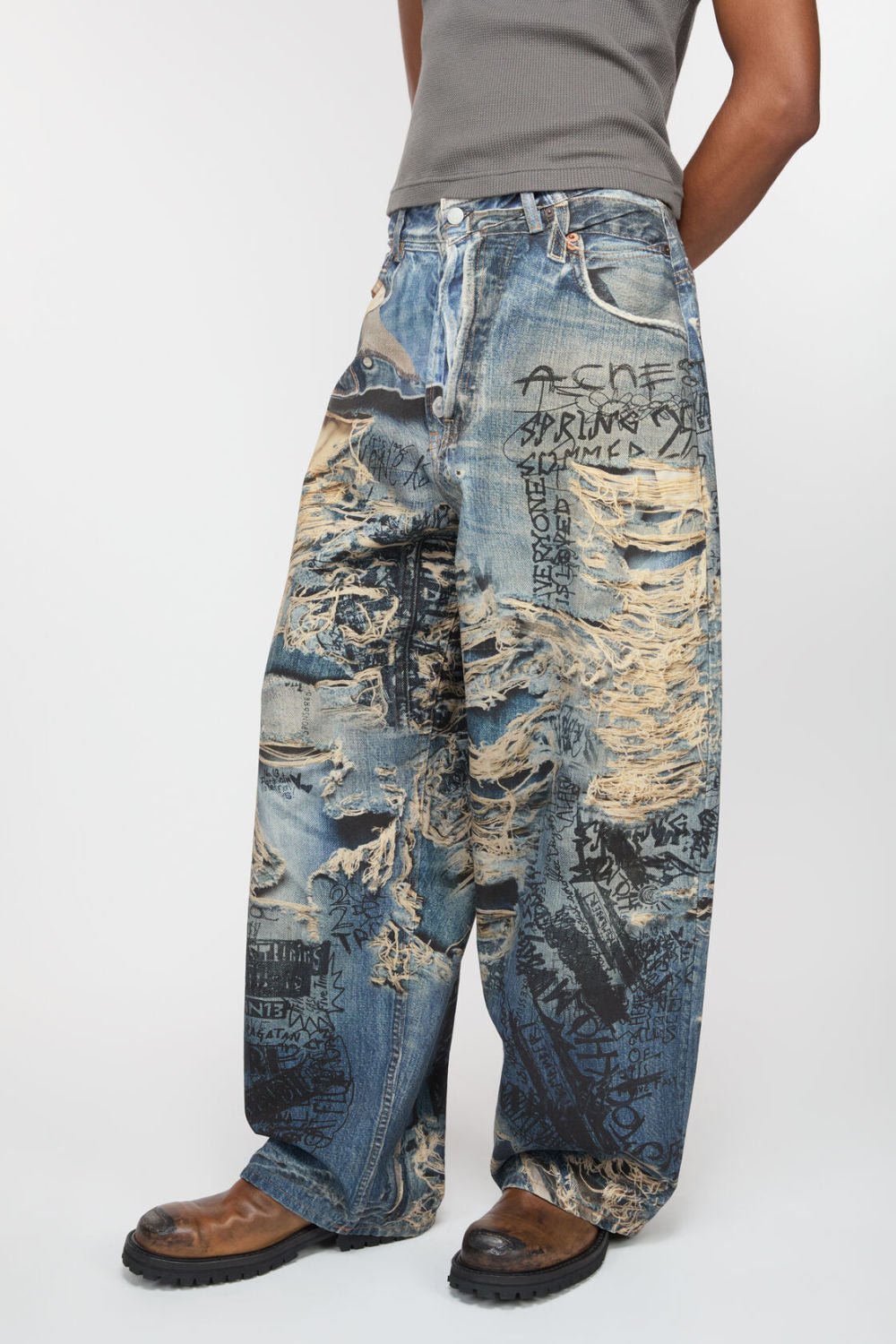 Acne Studios Men's Four Seasons Printed Hole Torn Solid Color Super Baggy Straight Fit Jeans Ngvp #1413