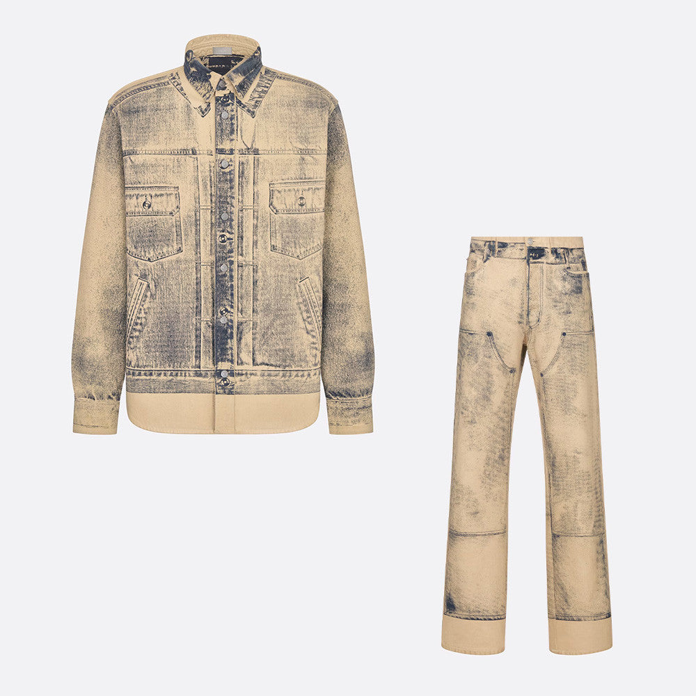 Dior Men's Spring And Autumn Worn Lapel Button Cotton Long Sleeve Fit MKII-EFFECT Mkii-Effect Overshirt Printed Multi Pocket Pants Ngvp #7541