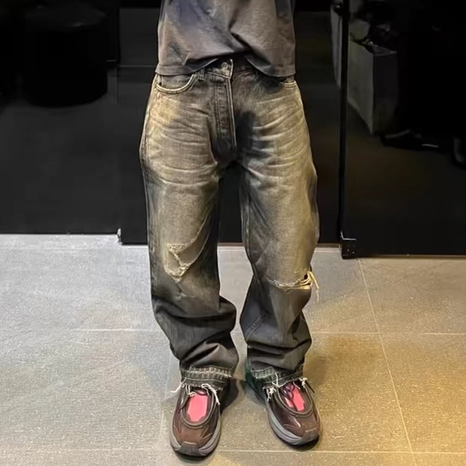 Celine Men's Spring Autumn Dark Style Knife Cut Washed Destroyed Straight Baggy Jeans Loose Denim Pants Straight Trousers  Ngvp#1563
