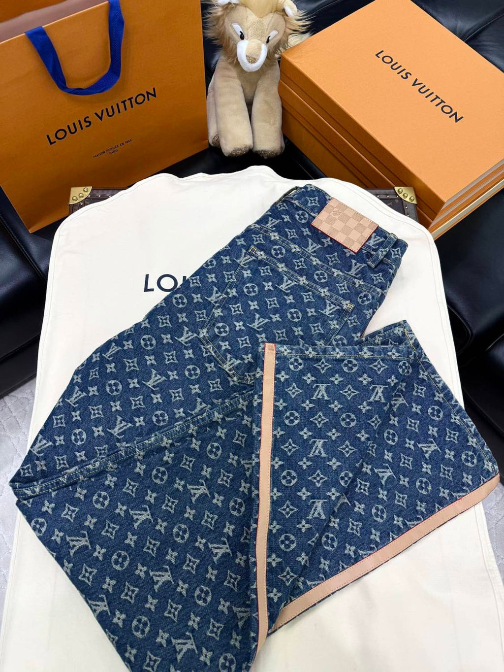 Louis Vuitton Men's Spring and Autumn Blue Cotton Monogrammed Full Print Jeans Pants #74415