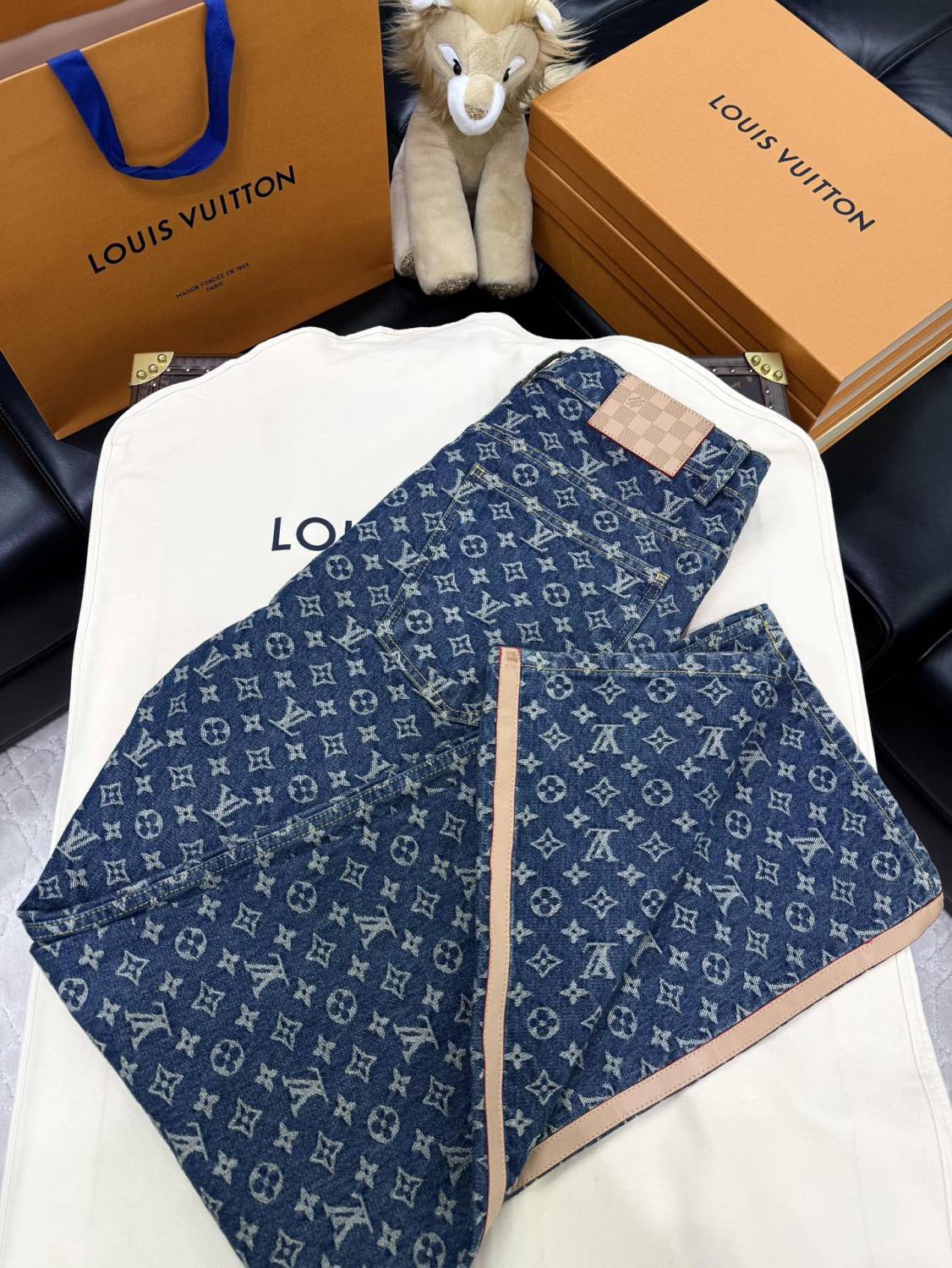 Louis Vuitton Men's Spring and Autumn Blue Cotton Monogrammed Full Print Jeans Pants #74415