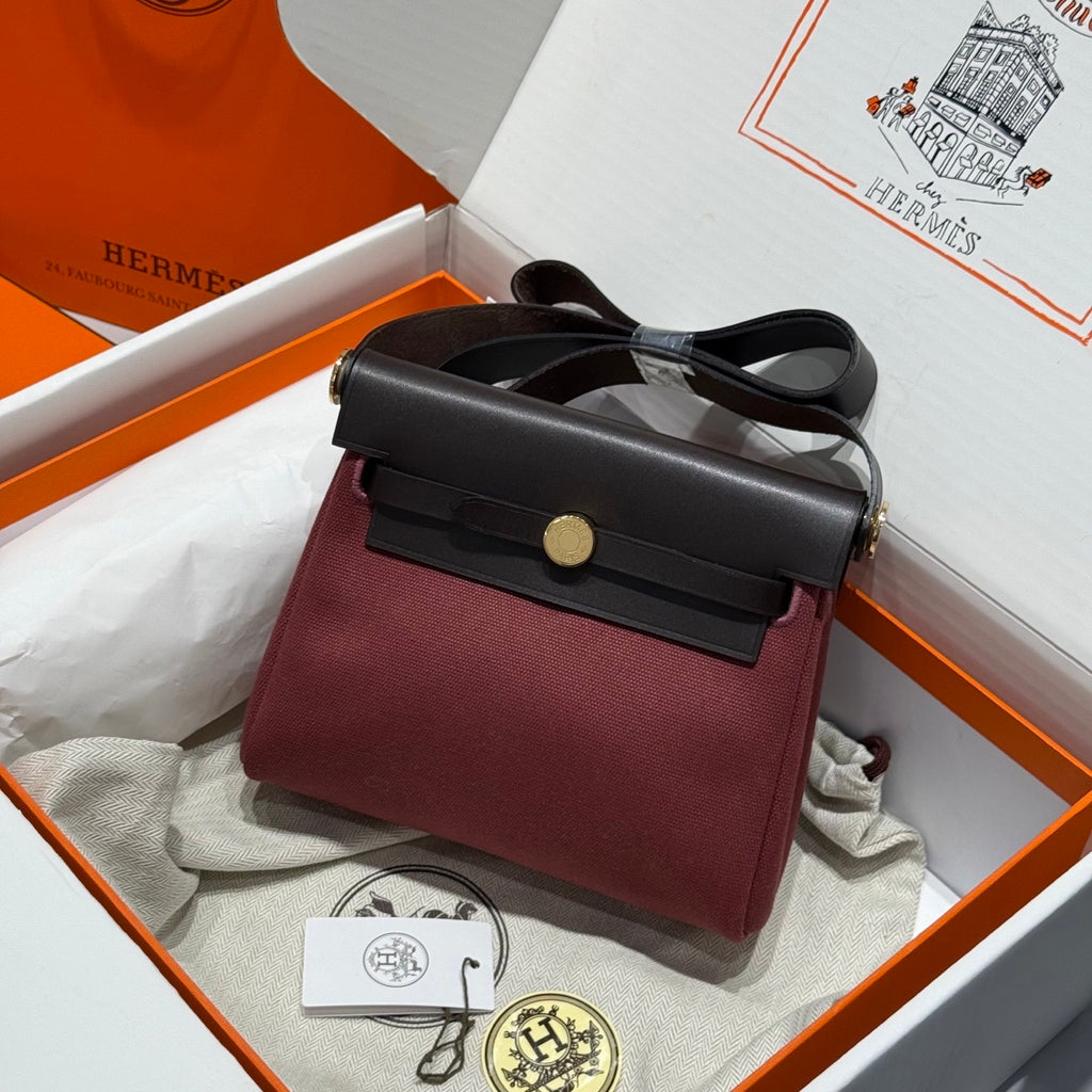 Hermes H -Mini Herbag Women's Color Blocking Metal Buckle Canvas and Cowhide Handbag Shoulder Satchel Bag Bags #76411