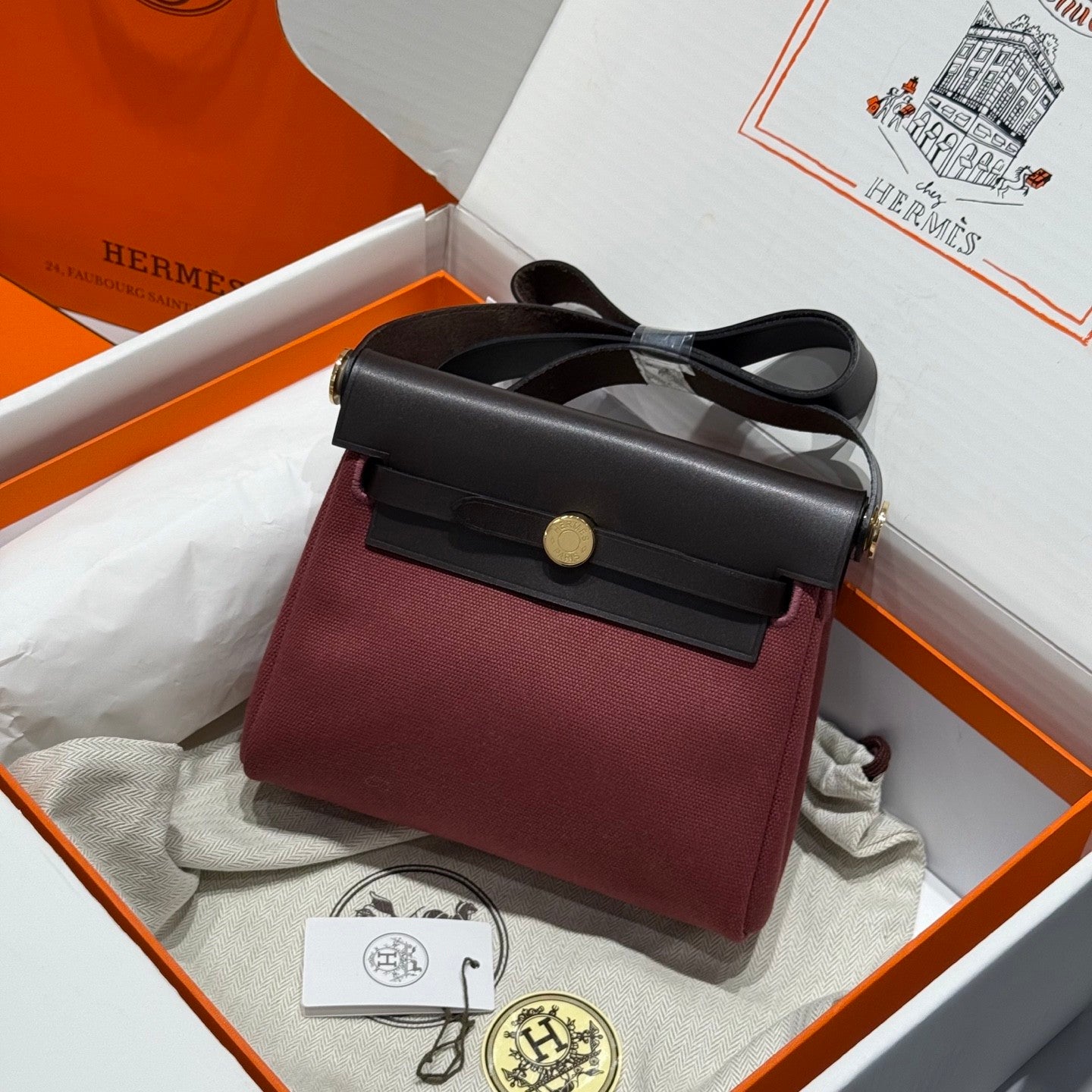 Hermes H -Mini Herbag Women's Color Blocking Metal Buckle Canvas and Cowhide Handbag Shoulder Satchel Bag Bags #76411